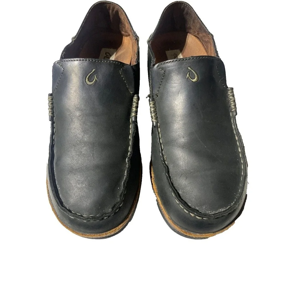 OluKai Moloa Mens Black Leather Slip On Loafers Moccasin Shoes‎ Drop In Heel 8.5